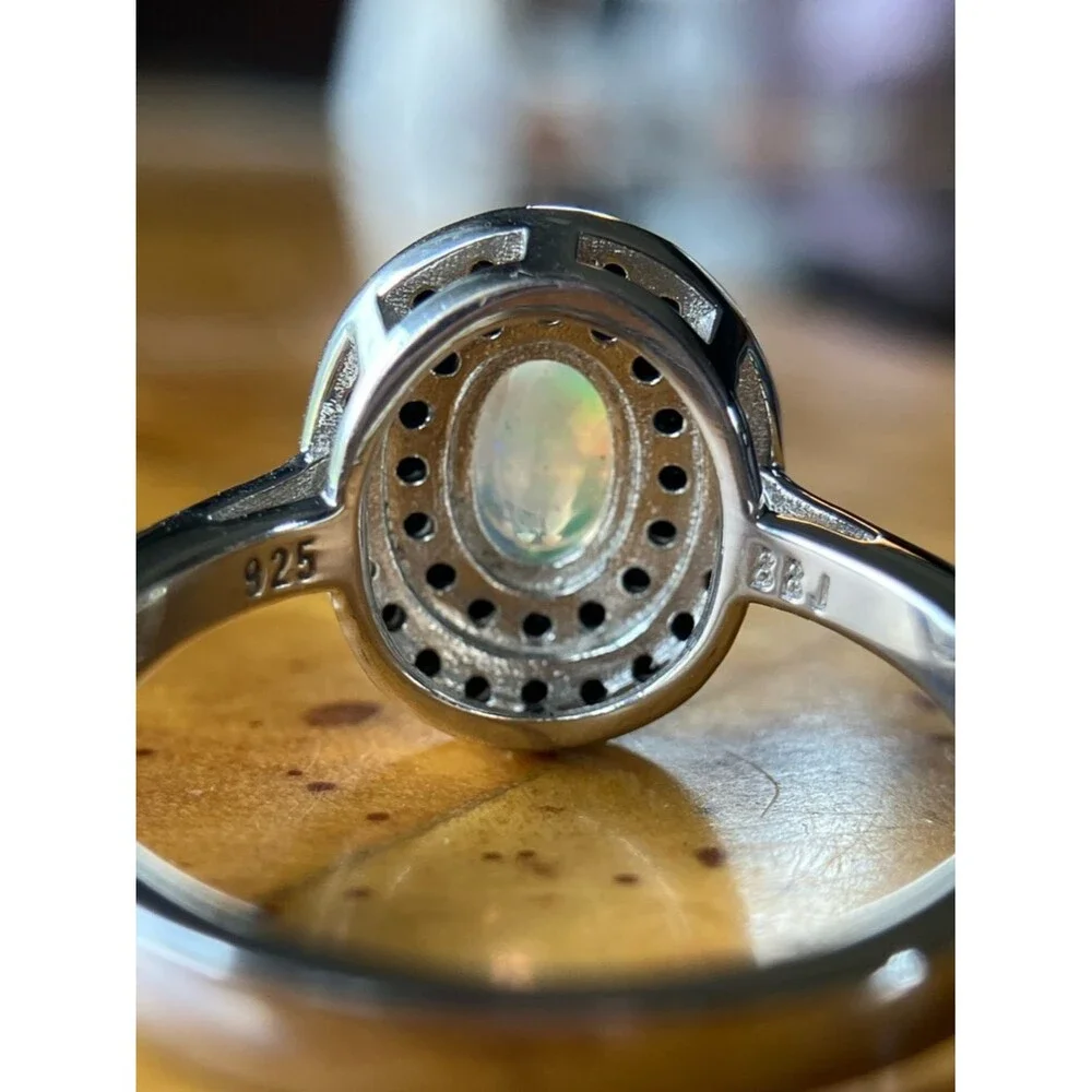 Natural Ethiopian Opal Black Spinel Sterling Silver Ring Size 6.75